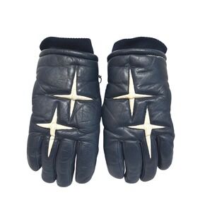 Vintage Hotfingers Navy Leather Star Ski Gloves Womens sz L Retro superhero 70's